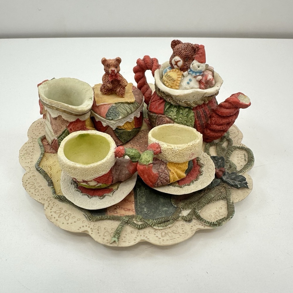 Teddy Bear Patchwork Miniature Tea Set Ceramic Ornament 8 Pieces Christmas